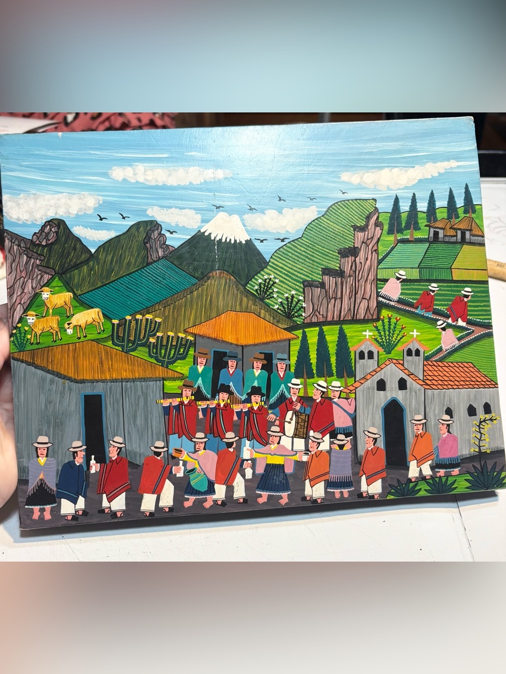 Tigua folk art traditional style of indigenous painting Andes mountains Ecuador